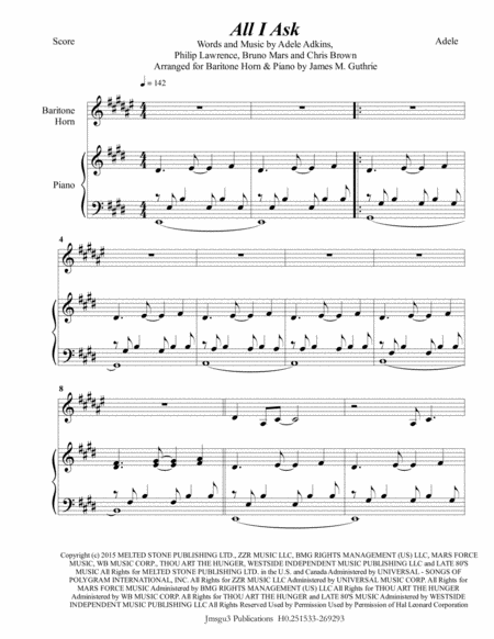 Adele All I Ask For Baritone Horn Piano Sheet Music