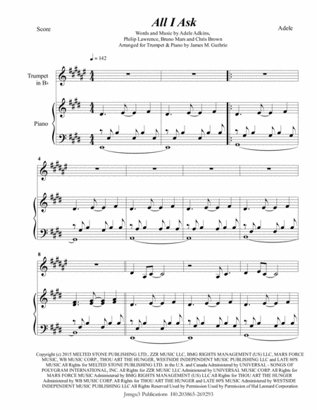 Adele All I Ask For Trumpet Piano Sheet Music