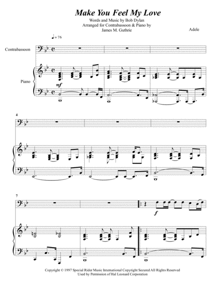 Free Sheet Music Adele Make You Feel My Love For Contrabassoon Piano