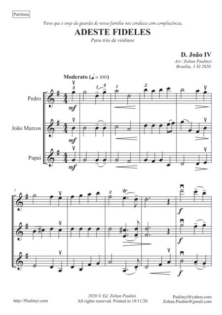 Adeste Fideles G Major For 3 Violins Or 3 Instruments In Treble Clefs Sheet Music