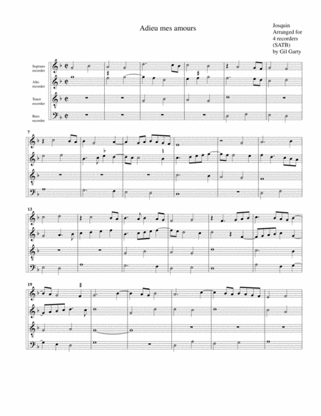 Adieu Mes Amours Arrangement For 4 Recorders Sheet Music