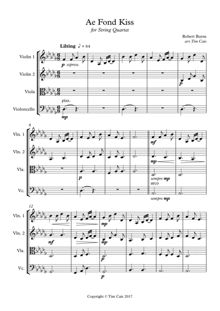 Ae Fond Kiss String Quartet Sheet Music