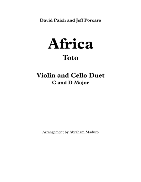 Africa By Toto Violin And Cello Duet Two Tonalities Included Sheet Music