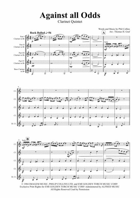 Free Sheet Music Against All Odds Take A Look At Me Now Phil Collins Clarinet Quintet