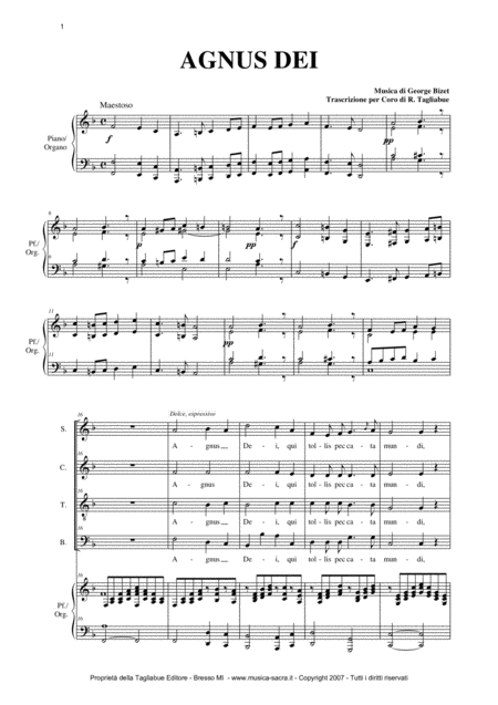 Agnus Dei G Bizet Arr For Satb Choir And Organ Piano Sheet Music