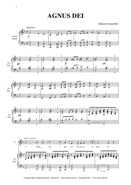 Agnus Dei G Bizet Arr For Soprano Or Tenor And Organ Piano Sheet Music