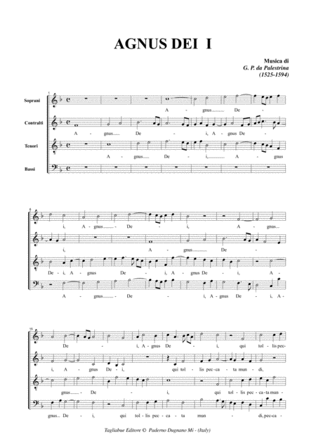 Agnus Dei I From Missa Brevis By Palestrina For Satb Choir Sheet Music