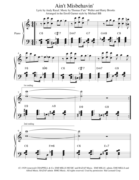 Free Sheet Music Aint Misbehavin An Erroll Garner Style Jazz Piano Arrangement From Gateway Editions