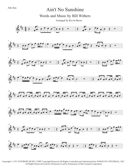 Free Sheet Music Aint No Sunshine Alto Sax