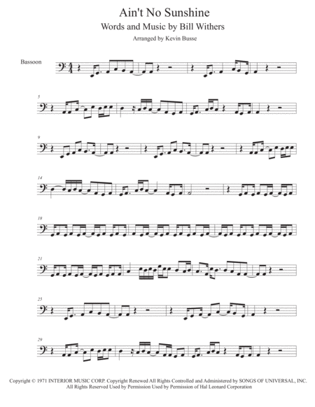 Free Sheet Music Aint No Sunshine Easy Key Of C Bassoon