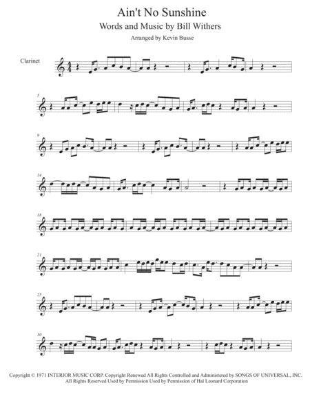 Free Sheet Music Aint No Sunshine Easy Key Of C Clarinet