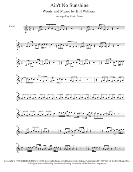 Aint No Sunshine Easy Key Of C Violin Sheet Music