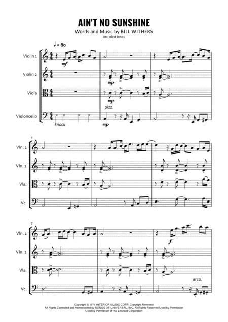 Aint No Sunshine For String Quartet Sheet Music