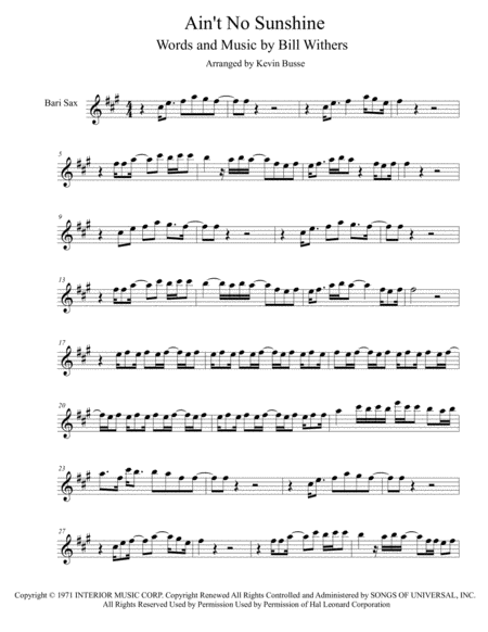 Aint No Sunshine Original Key Bari Sax Sheet Music