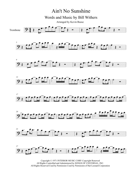 Aint No Sunshine Original Key Trombone Sheet Music