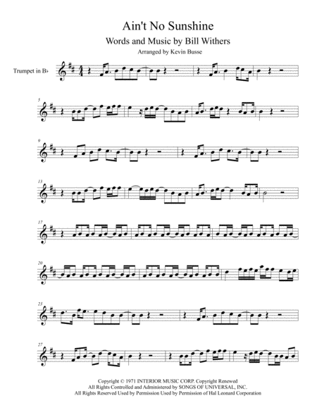 Aint No Sunshine Original Key Trumpet Sheet Music