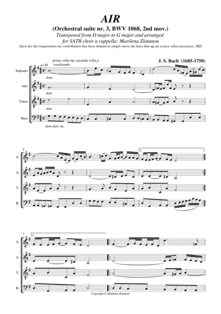 Free Sheet Music Air By Js Bach Bwv 1068 For Satb Choir A Cappella