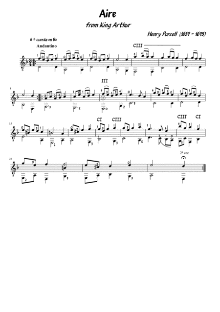 Free Sheet Music Air For Guitar From King Arthur