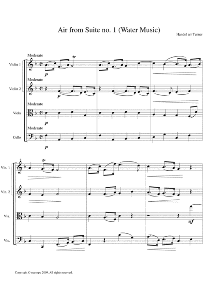 Free Sheet Music Air From Suite 1 By Handel Arranged For String Quartet