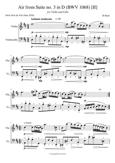 Free Sheet Music Air From Suite No 3 In D Bwv 1068 Andante Moderato Ii Js Bach Violin Cello