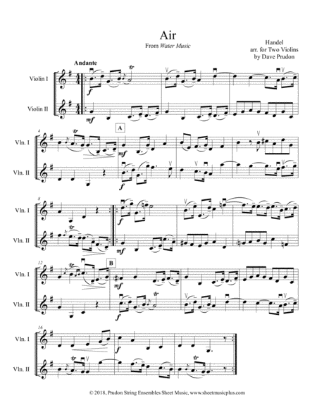 Free Sheet Music Air From The Water Music For Two Violins