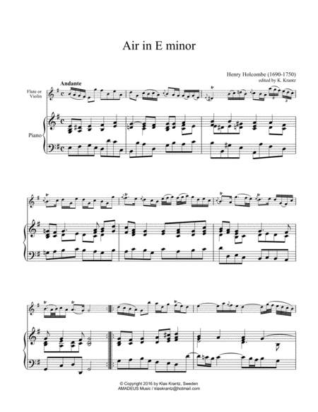 Free Sheet Music Air In E Minor For Flute Violin And Piano Cello Part Ad Lib