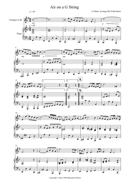 Free Sheet Music Air On A G String For Trumpet And Piano