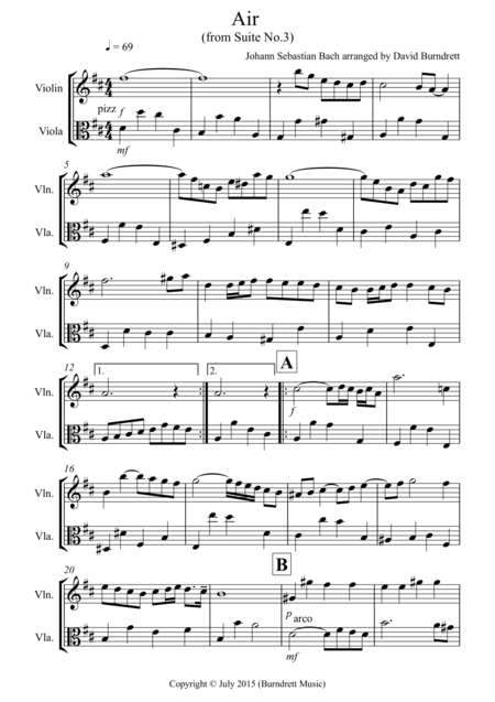 Air On A G String For Violin And Viola Duet Sheet Music