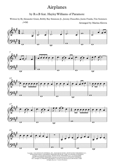 Free Sheet Music Airplanes B O B Featuring Hayley Williams