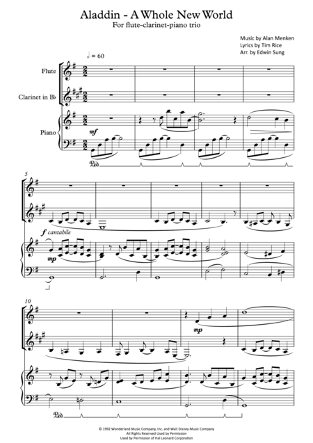 Aladdin A Whole New World For Flute Clarinet Piano Trio Including Part Scores Sheet Music