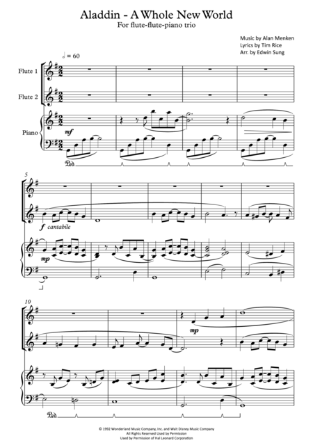 Free Sheet Music Aladdin A Whole New World For Flute Flute Piano Trio Including Part Scores