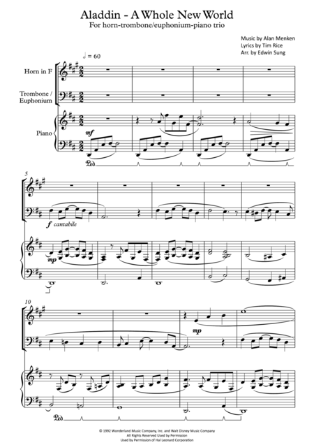 Free Sheet Music Aladdin A Whole New World For Horn Trombone Euphonium Piano Trio Including Part Scores