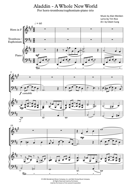 Aladdin A Whole New World For Horn Trombone Euphonium Piano Trio Including Part Scores Sheet Music