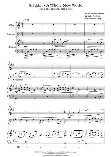 Free Sheet Music Aladdin A Whole New World For Oboe Bassoon Piano Trio Including Part Scores