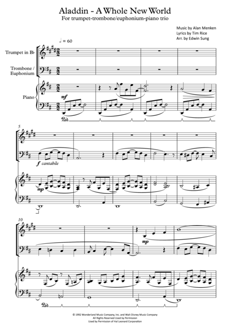 Aladdin A Whole New World For Trumpet Trombone Euphonium Piano Trio Including Part Scores Sheet Music