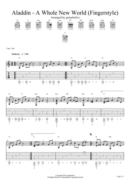 Free Sheet Music Aladdin A Whole New World Guitar Fingerstyle