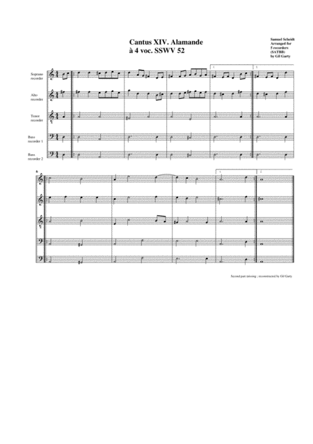 Alamande Allemande Sswv 52 Arrangement For 5 Recorders Sheet Music