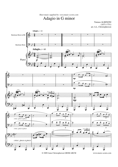 Free Sheet Music Albinoni Adagio Baritone Horn Hi And Piano