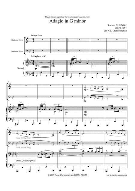 Albinoni Adagio Baritone Horn Lo And Piano Sheet Music