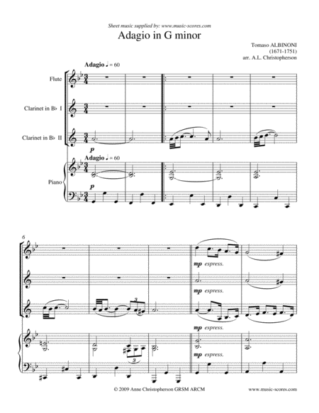 Free Sheet Music Albinoni Adagio Flute 2 Clarinets And Piano