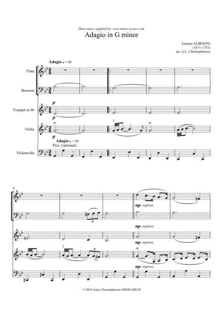 Free Sheet Music Albinoni Adagio Flute Bassoon Trumpet Violin And Cello