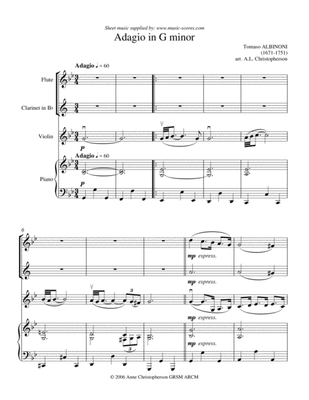 Free Sheet Music Albinoni Adagio Flute Clarinet Violin And Piano