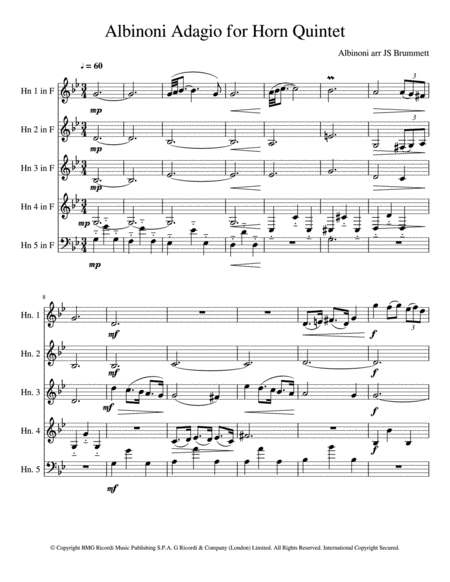Free Sheet Music Albinoni Adagio For Horn Quintet