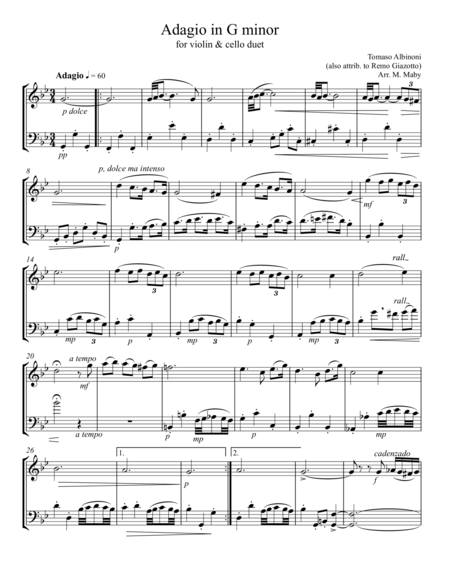 Albinoni Adagio For Violin Cello Duet Sheet Music