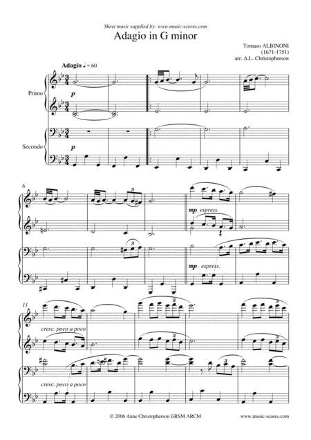 Albinoni Adagio Piano Duet Sheet Music