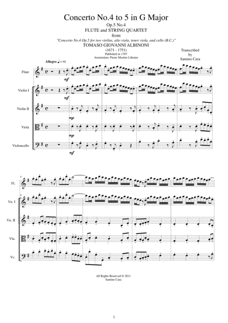 Albinoni Concerto No 4 To 5 In G Major Op 5 For Flute And String Quartet Sheet Music