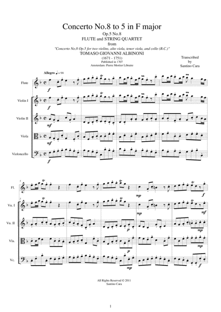 Free Sheet Music Albinoni Concerto No 8 To 5 In F Major Op 5 For Flute And String Quartet