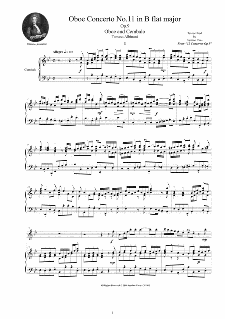 Free Sheet Music Albinoni Oboe Concerto No 11 In B Flat Major Op 9 For Oboe And Cembalo Or Piano