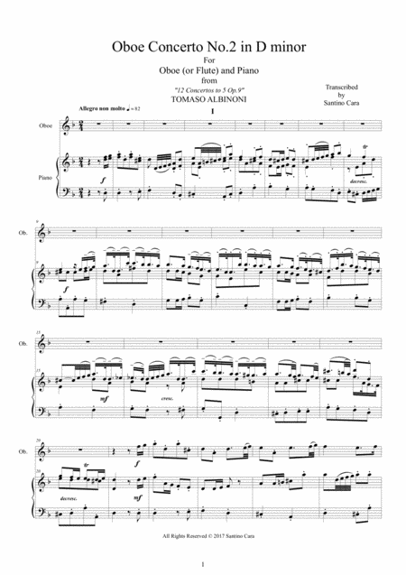 Free Sheet Music Albinoni Oboe Concerto No 2 In D Minor Op 9 For Oboe Or Flute And Piano