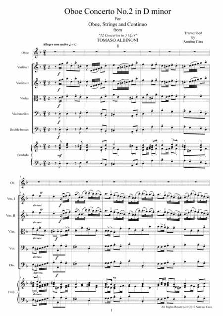 Albinoni Oboe Concerto No 2 In D Minor Op 9 For Oboe Strings And Cembalo Sheet Music